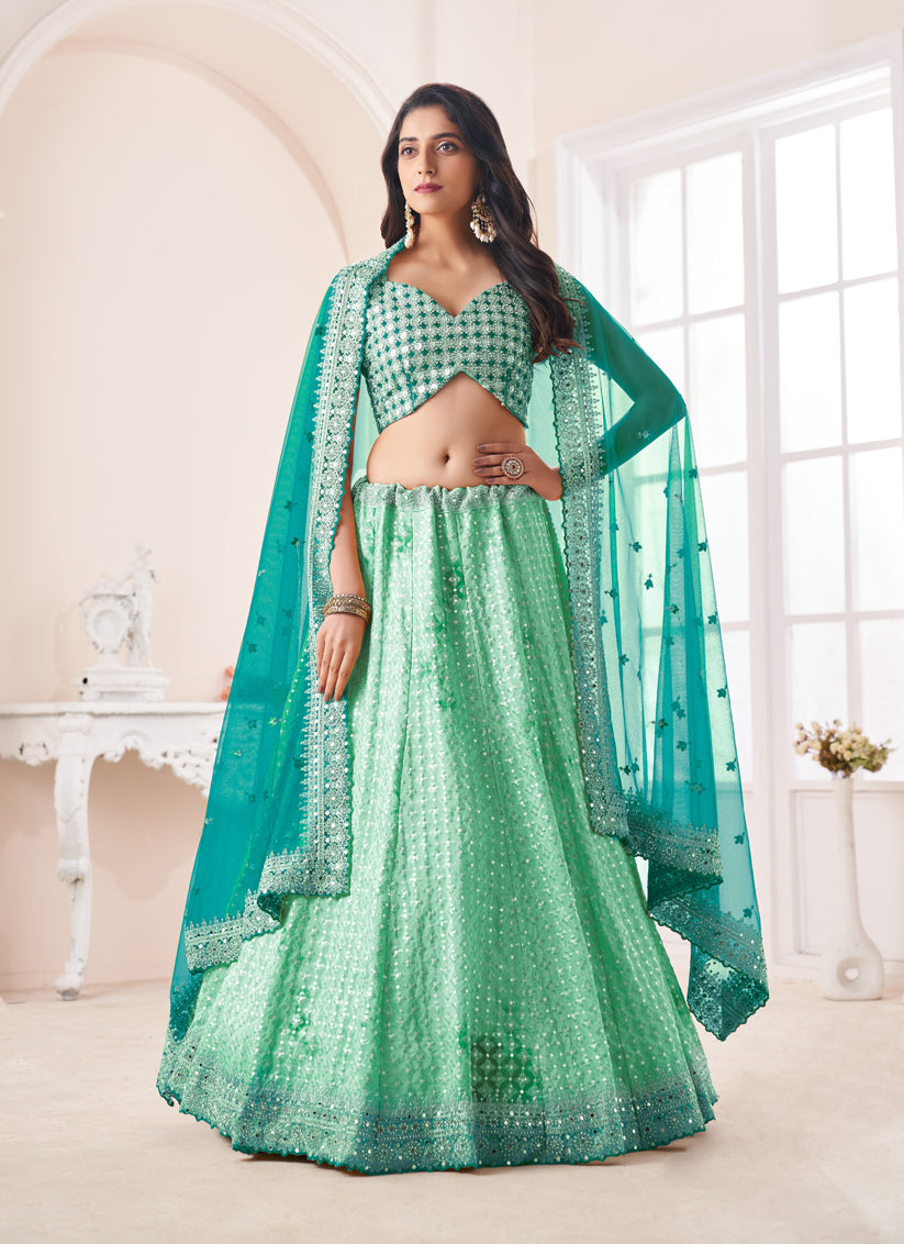 Sea Green Crepe Wedding Wear Lehenga Choli Set