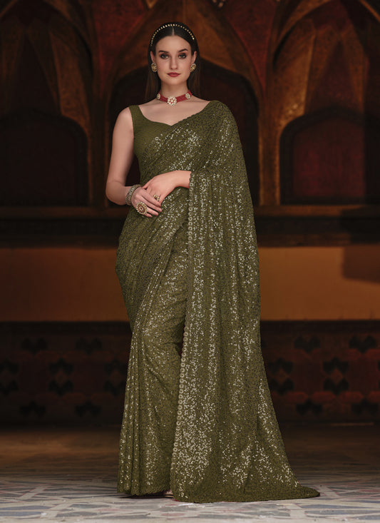 Olive Green Sequined Georgette Party Wear Saree