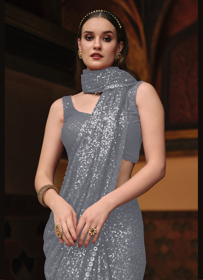 Grey Sequined Georgette Party Wear Saree