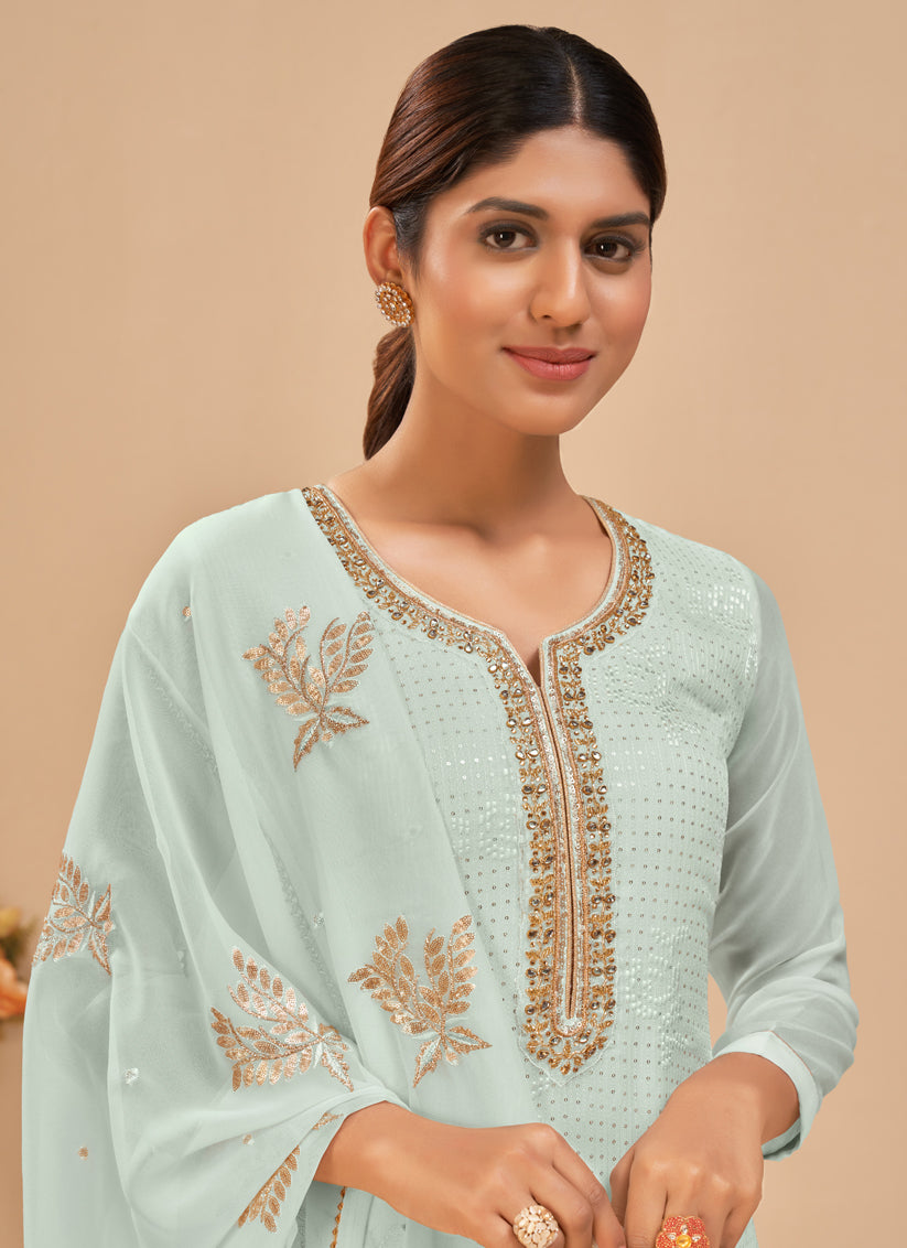 Ice Blue Georgette Khatli Work Palazzo Suit