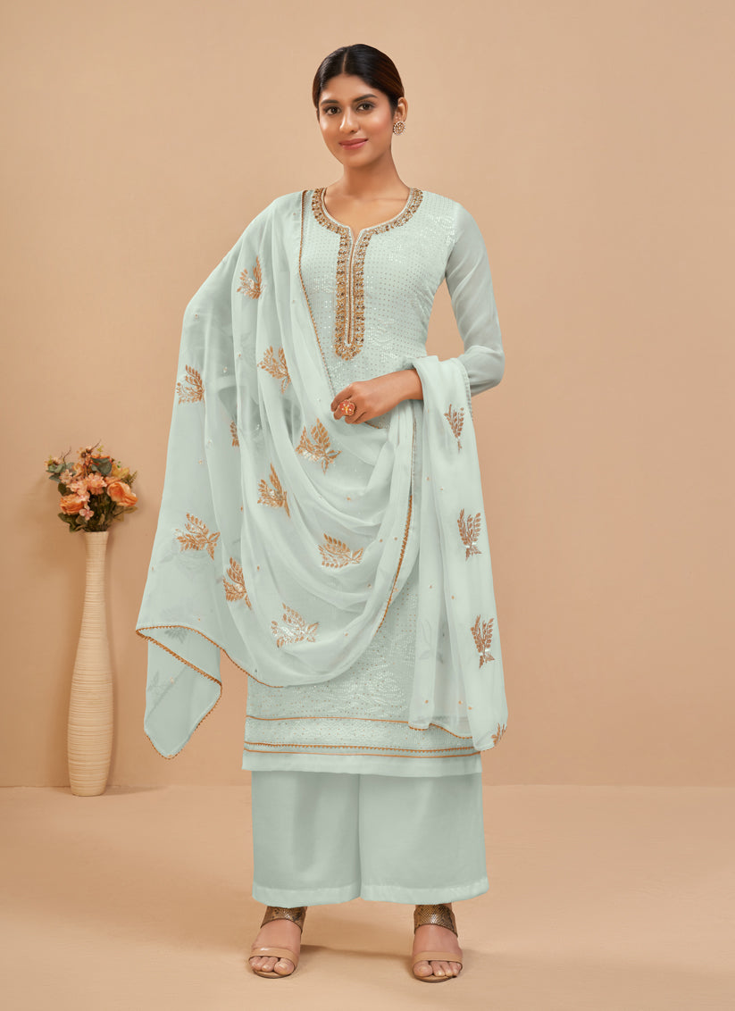 Ice Blue Georgette Khatli Work Palazzo Suit