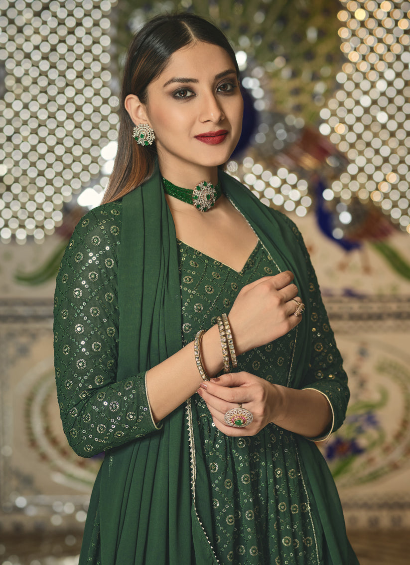 Bottle Green Georgette Sequined Lehenga Kameez