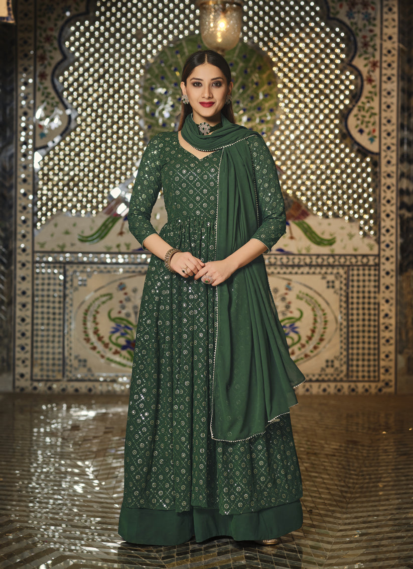 Bottle Green Georgette Sequined Lehenga Kameez