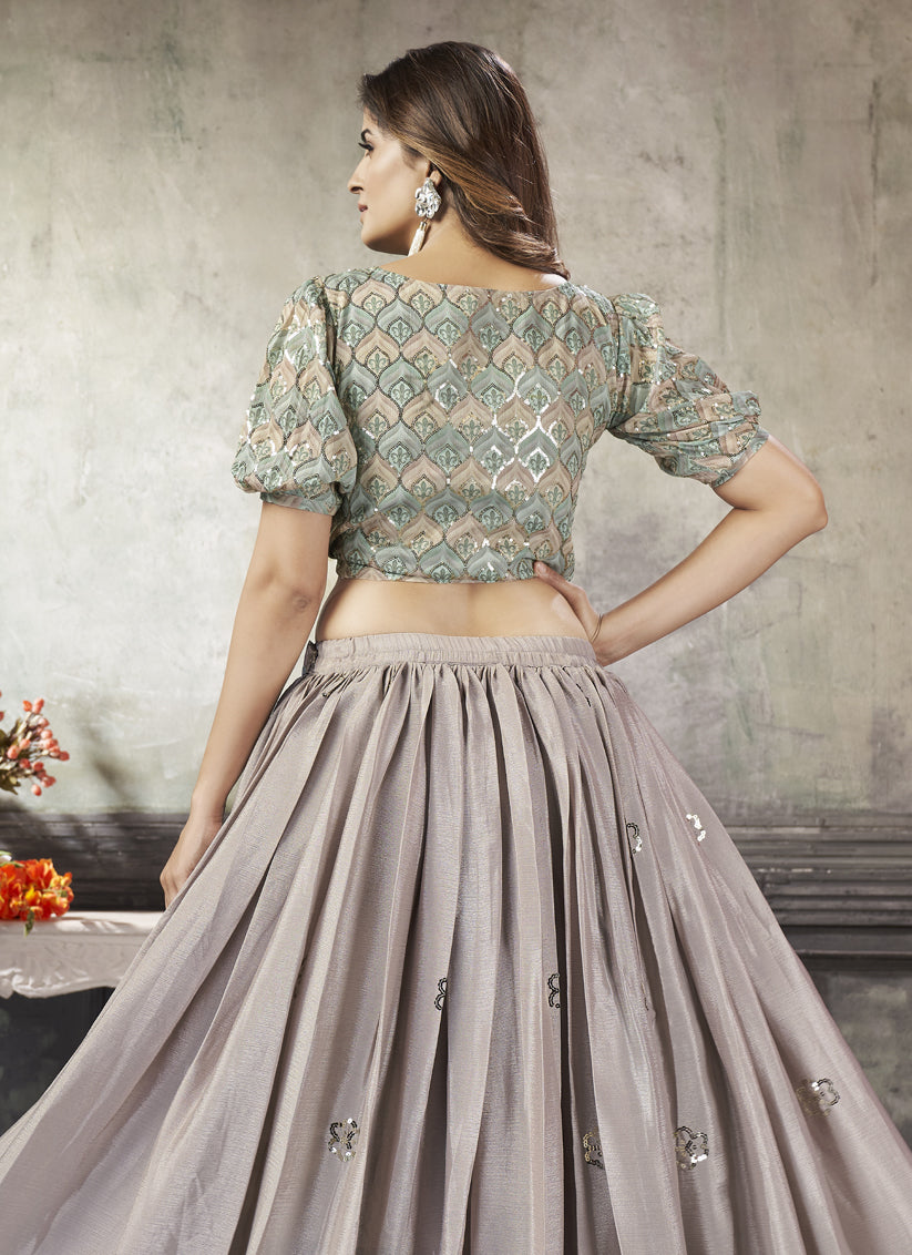 Dusty Beige Art Silk Sequined Skirt with Crop Top