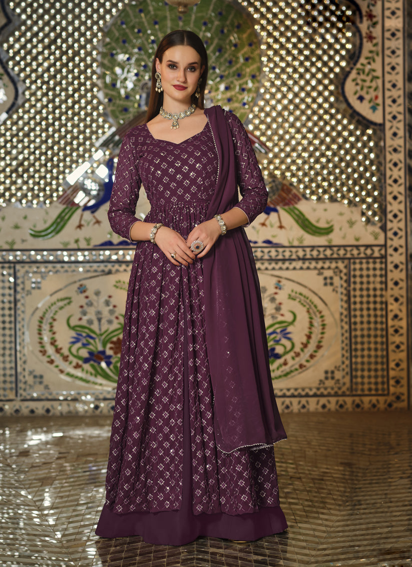 Burgundy Georgette Sequined Lehenga Kameez