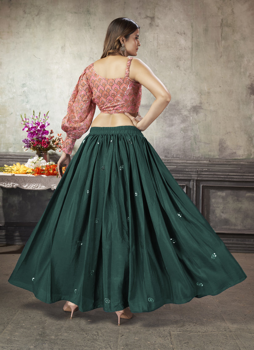 Pine Green Art Silk Sequined Skirt with Crop Top