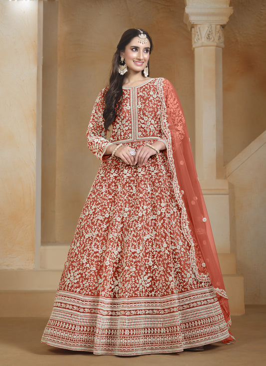Coral Orange Chain Style Embroidered Anarkali Suit