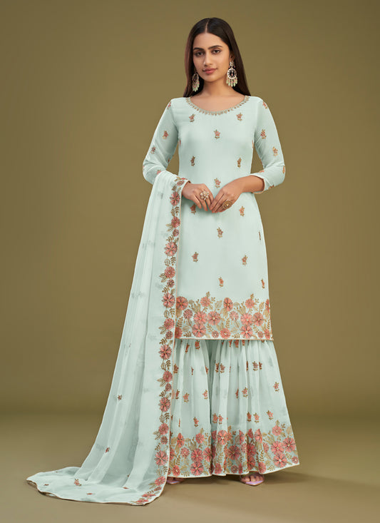 Sky Blue Georgette Embroidered Sarara Suit