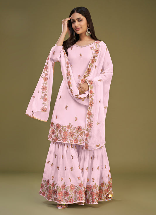 Pink Georgette Embroidered Sarara Suit
