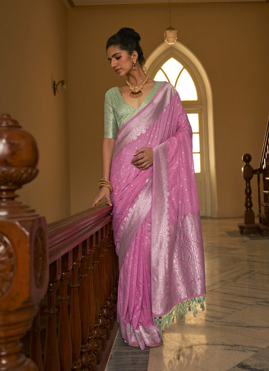 Pink Nylon Crepe Zari Woven Saree For Festival