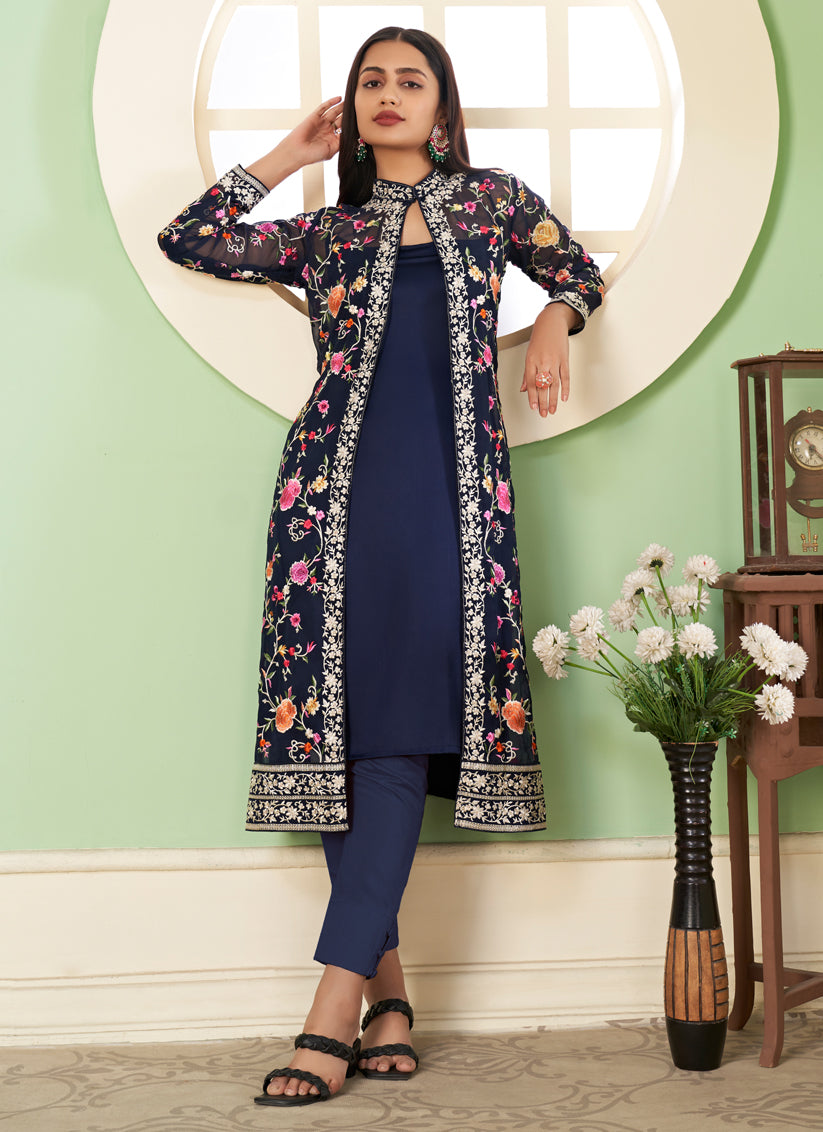 Navy Blue Georgette Pant Kameez with Embroidered Jacket