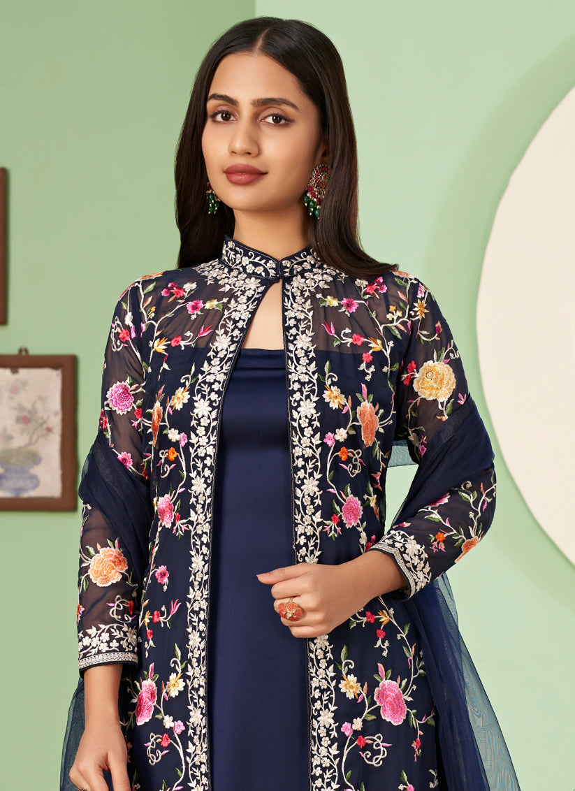 Navy Blue Georgette Pant Kameez with Embroidered Jacket