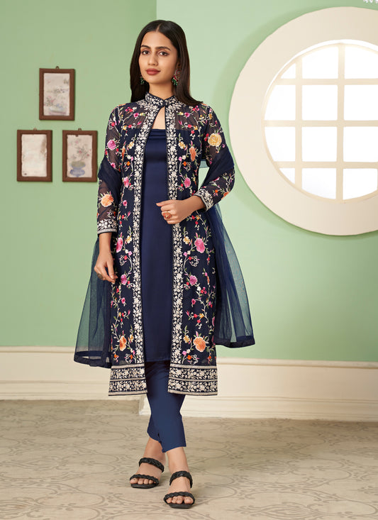 Navy Blue Georgette Pant Kameez with Embroidered Jacket