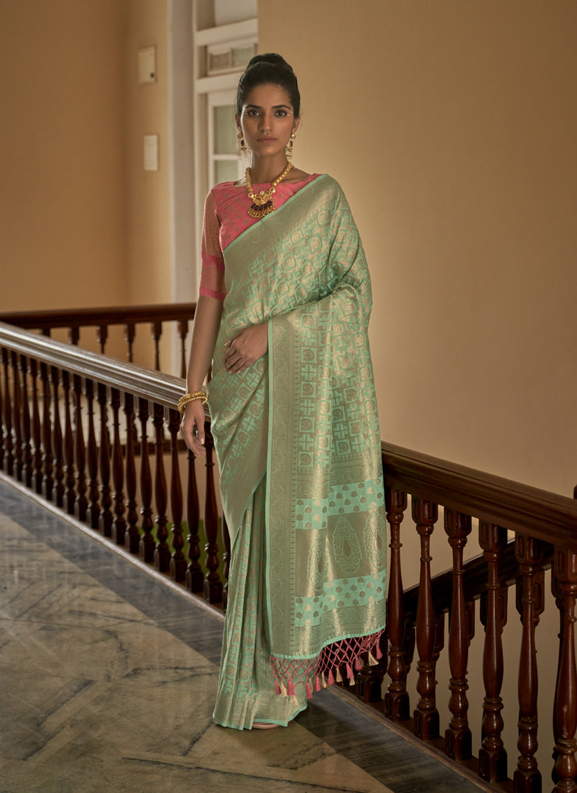 Pastel Green Nylon Crepe Zari Woven Saree For Festival