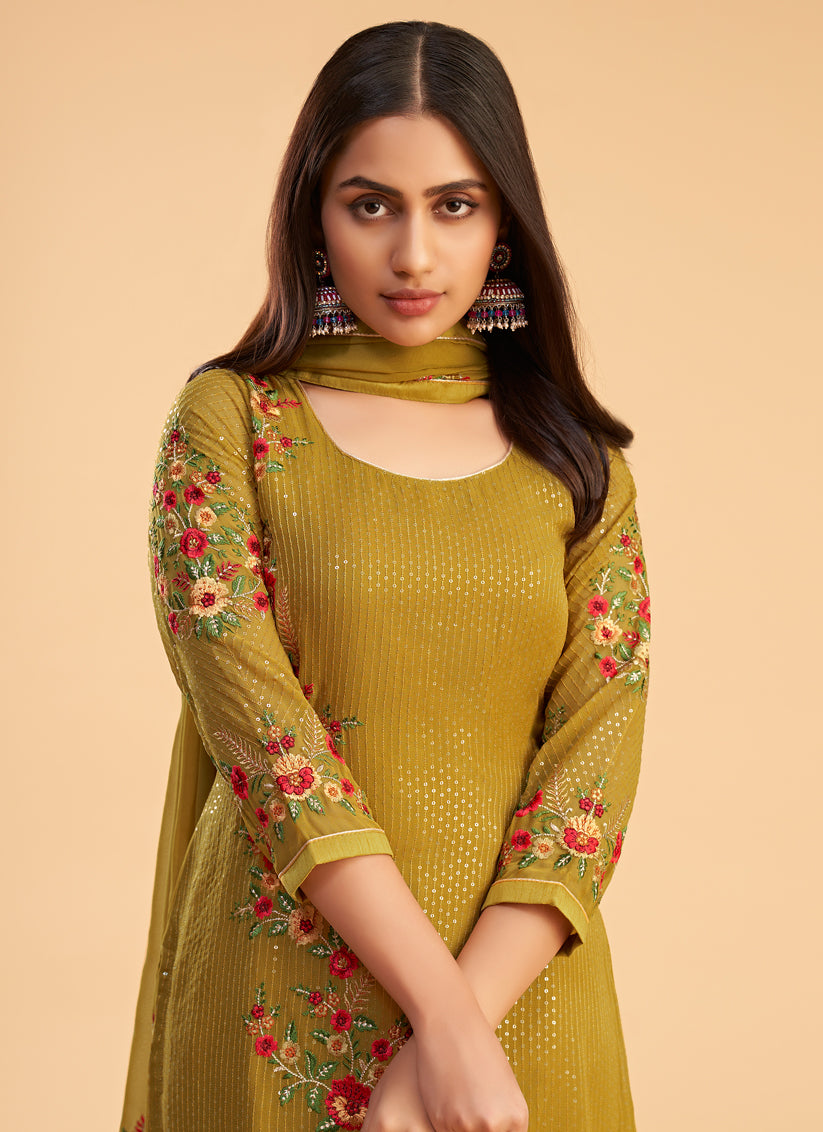 Yellow Georgette Embroidered Pant Kameez