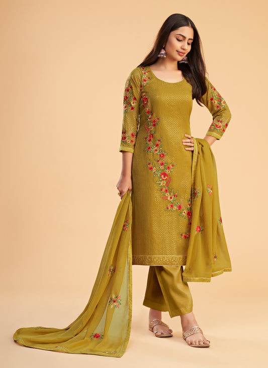 Yellow Georgette Embroidered Pant Kameez