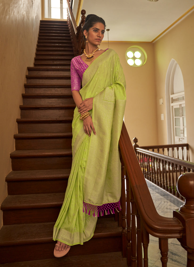 Parrot Green Nylon Crepe Zari Woven Saree For Festival