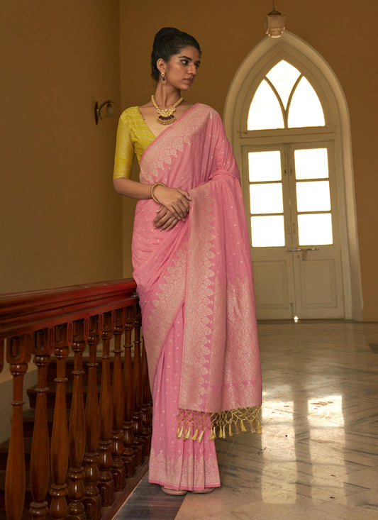 Coral Pink Nylon Crepe Zari Woven Saree For Festival