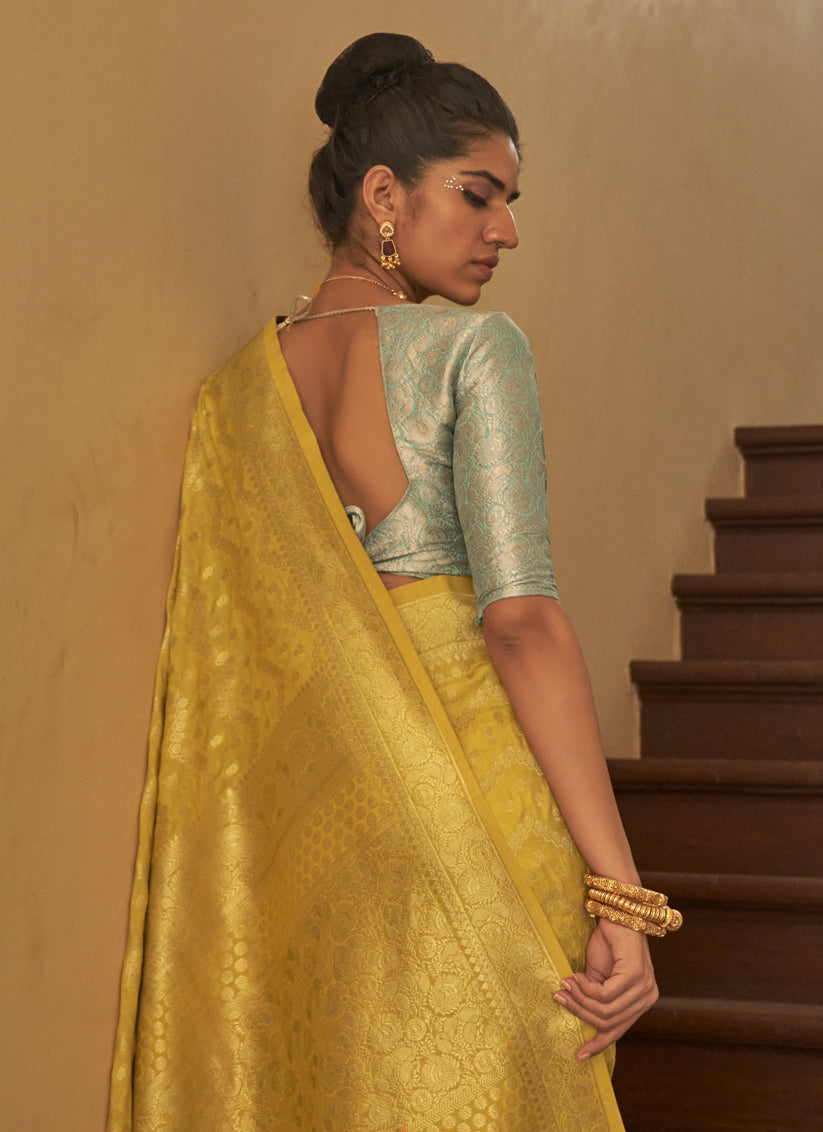 Corn Yellow Nylon Crepe Zari Woven Saree For Festival