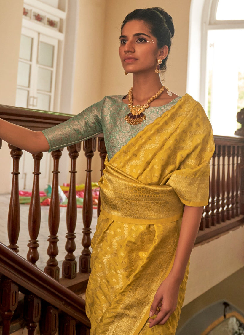 Corn Yellow Nylon Crepe Zari Woven Saree For Festival