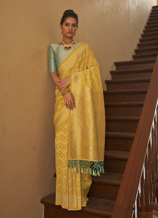 Corn Yellow Nylon Crepe Zari Woven Saree For Festival