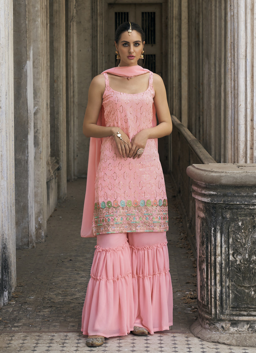 Coral Pink Faux Georgette Embroidered Designer Sarara Kameez