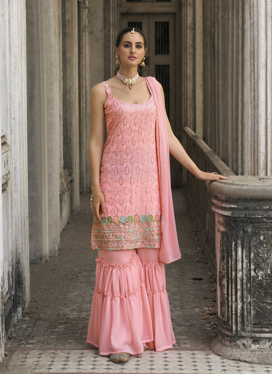 Coral Pink Faux Georgette Embroidered Designer Sarara Kameez