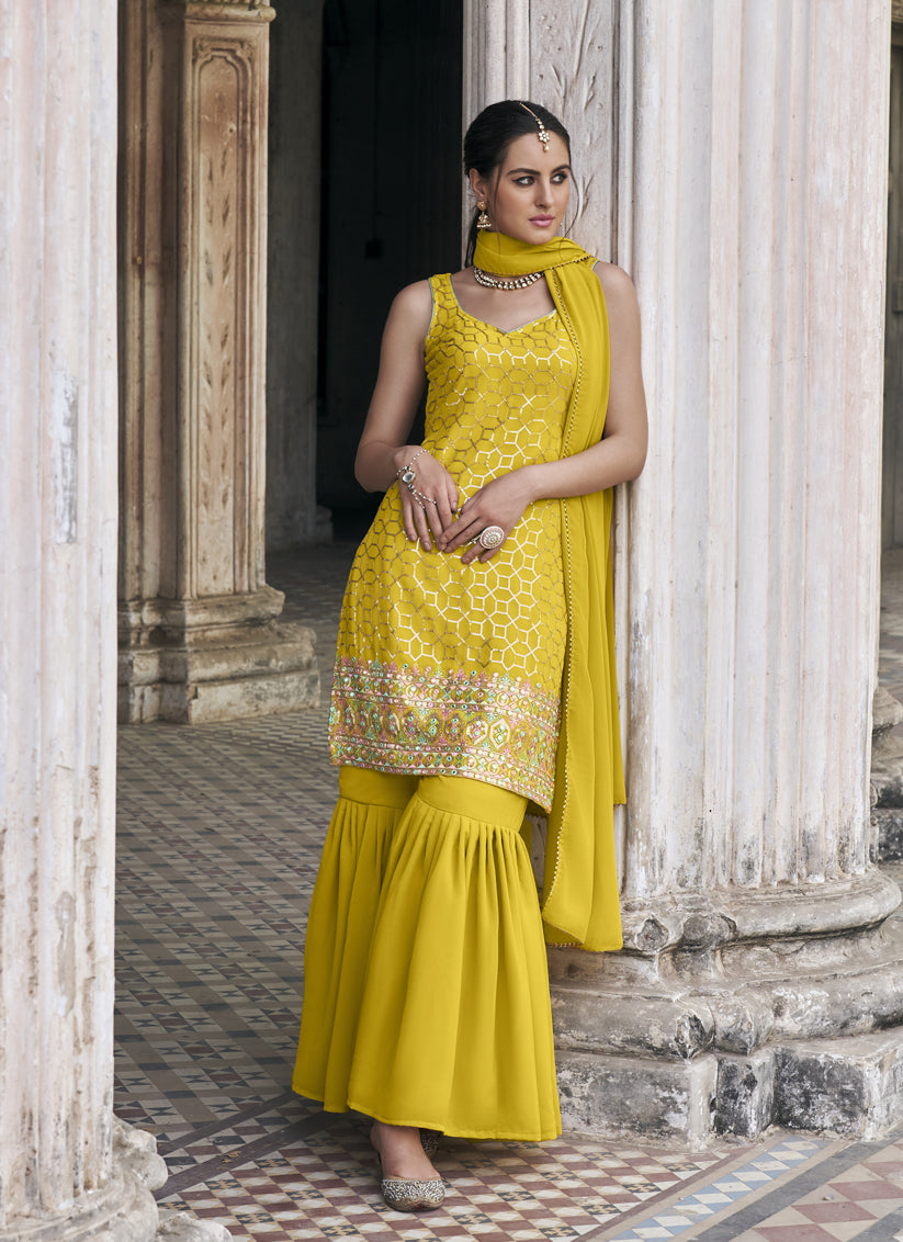 Lime Yellow Faux Georgette Embroidered Designer Sarara Kameez