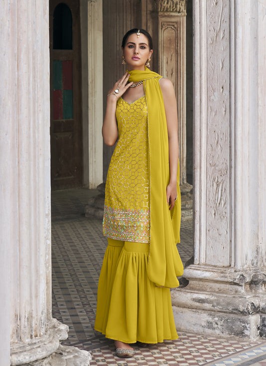 Lime Yellow Faux Georgette Embroidered Designer Sarara Kameez