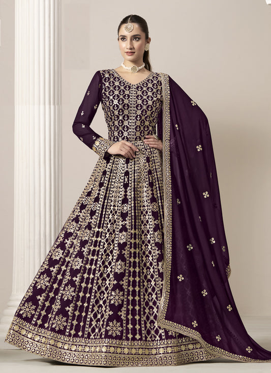 Wine Faux Georgette Embroidered  Anarkali Suit