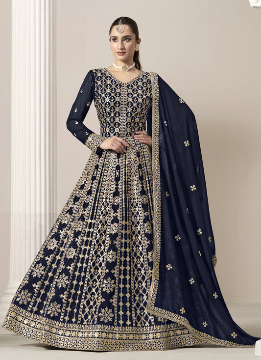 Navy Blue Faux Georgette Embroidered  Anarkali Suit