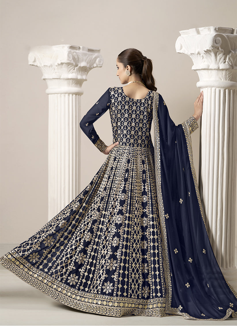 Navy Blue Faux Georgette Embroidered  Anarkali Suit