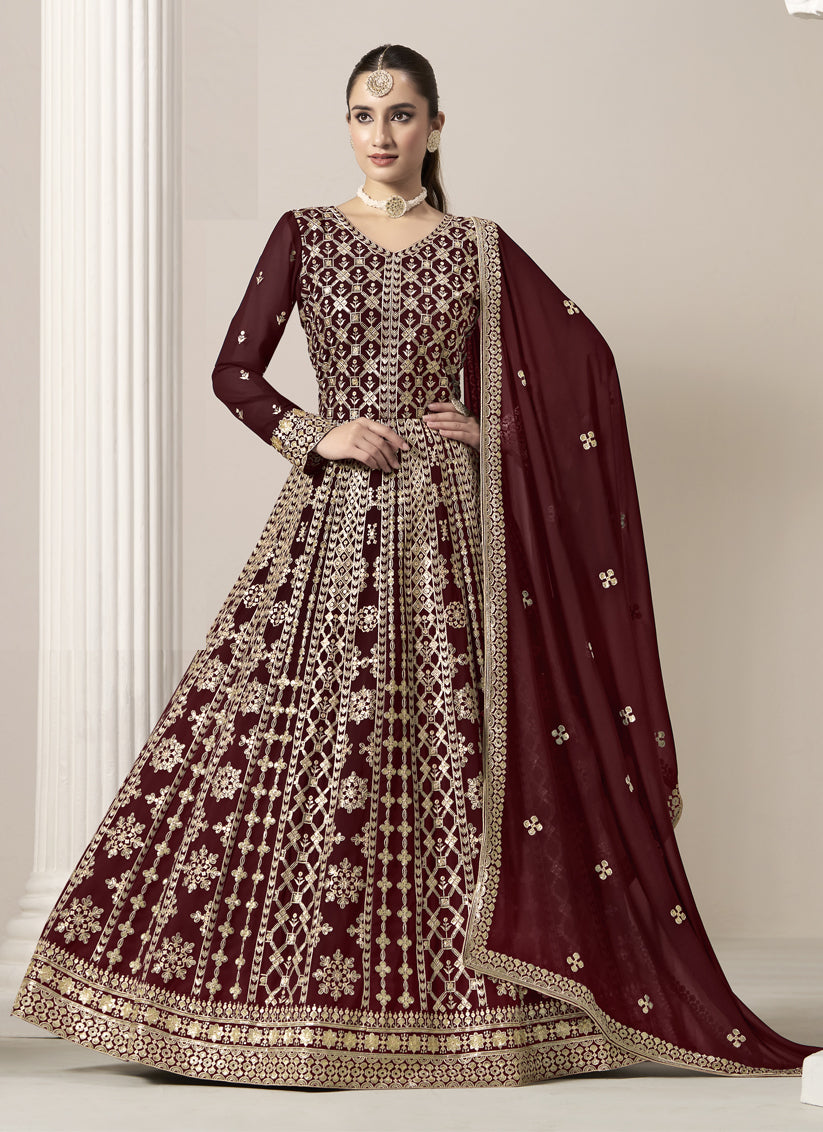 Maroon Faux Georgette Embroidered  Anarkali Suit