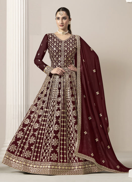 Maroon Faux Georgette Embroidered  Anarkali Suit