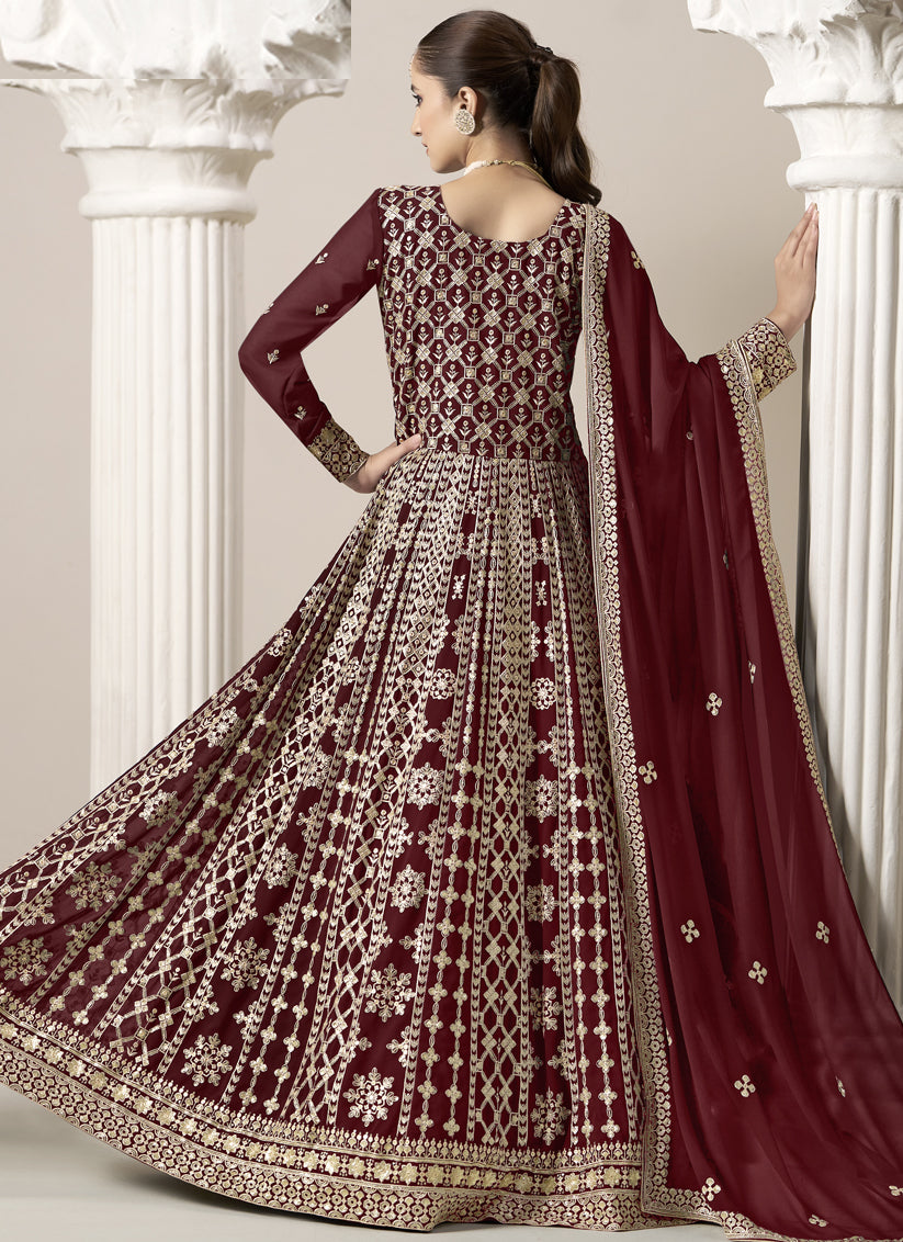 Maroon Faux Georgette Embroidered  Anarkali Suit