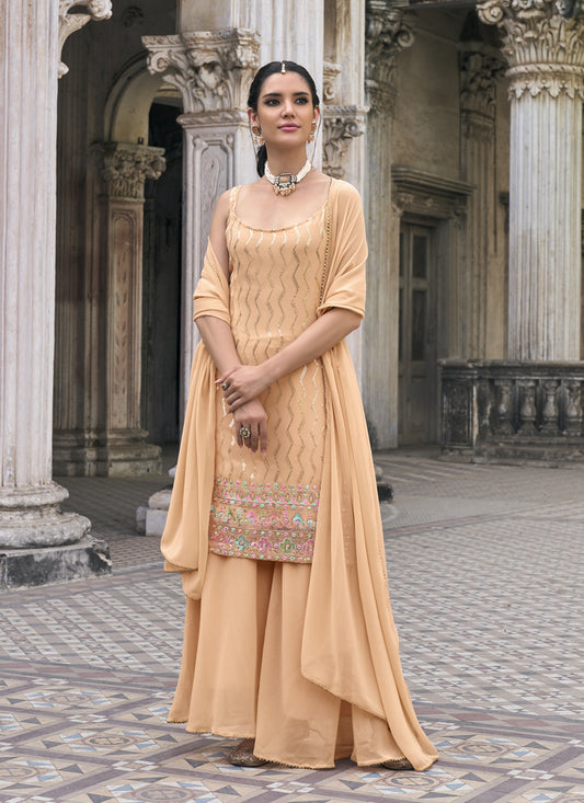 Apricot Faux Georgette Embroidered Designer Sarara Kameez