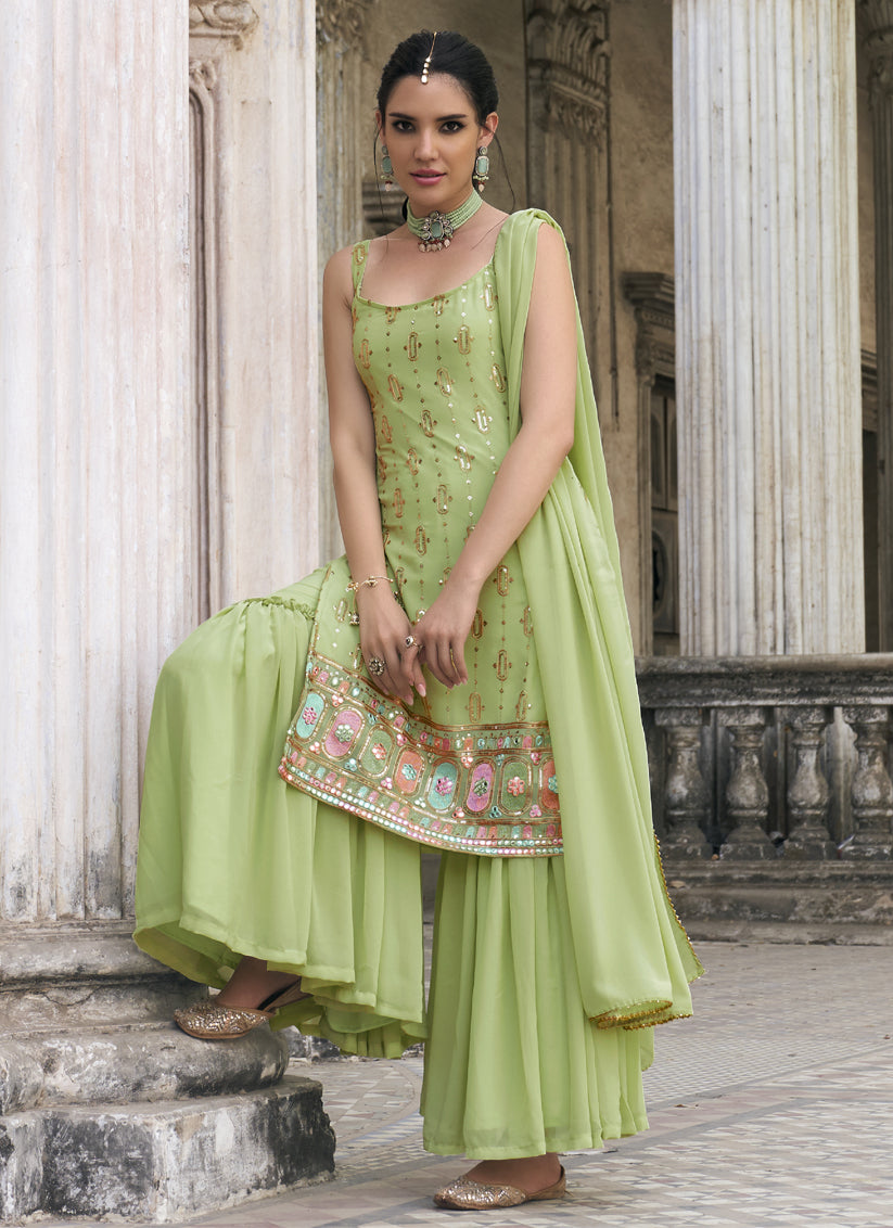 Pistachio Green Faux Georgette Embroidered Designer Sarara Kameez