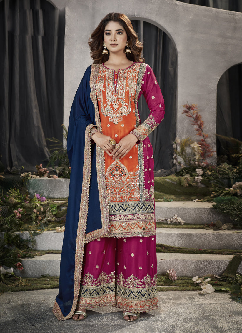 Orange Premium Chinnon Embroidered Palazzo Suit