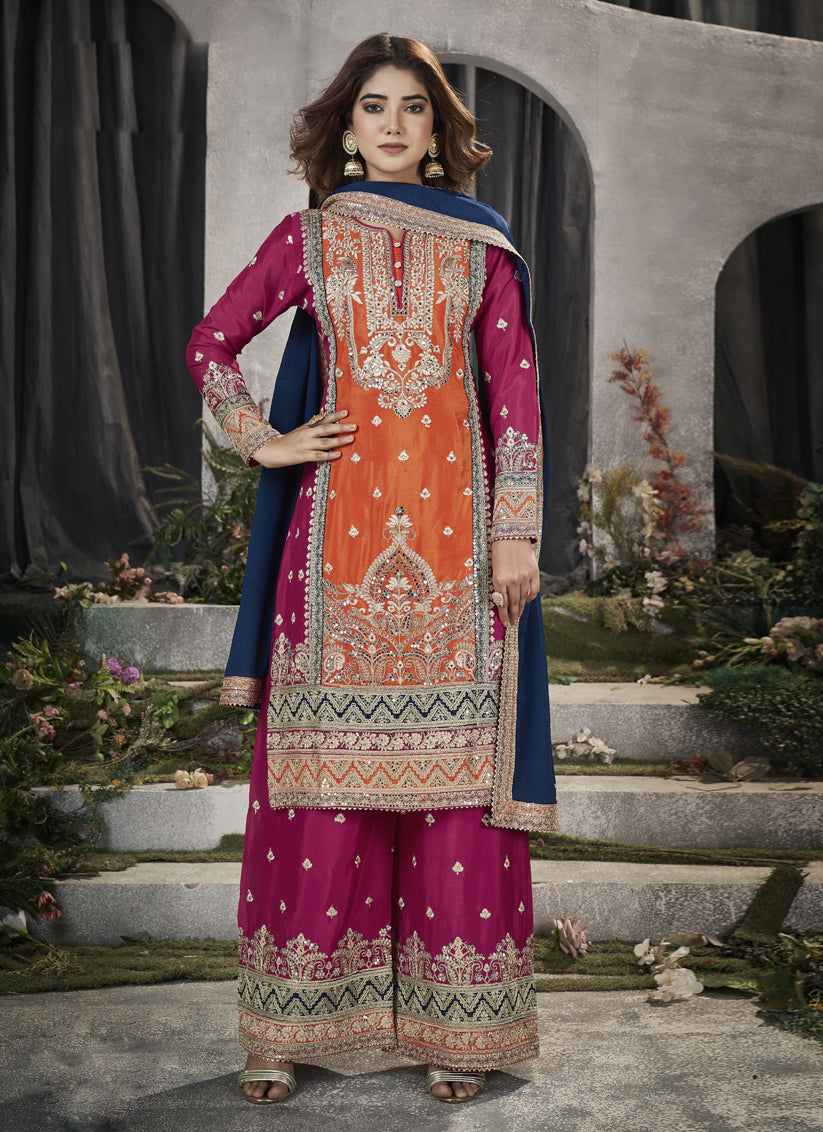 Orange Premium Chinnon Embroidered Palazzo Suit