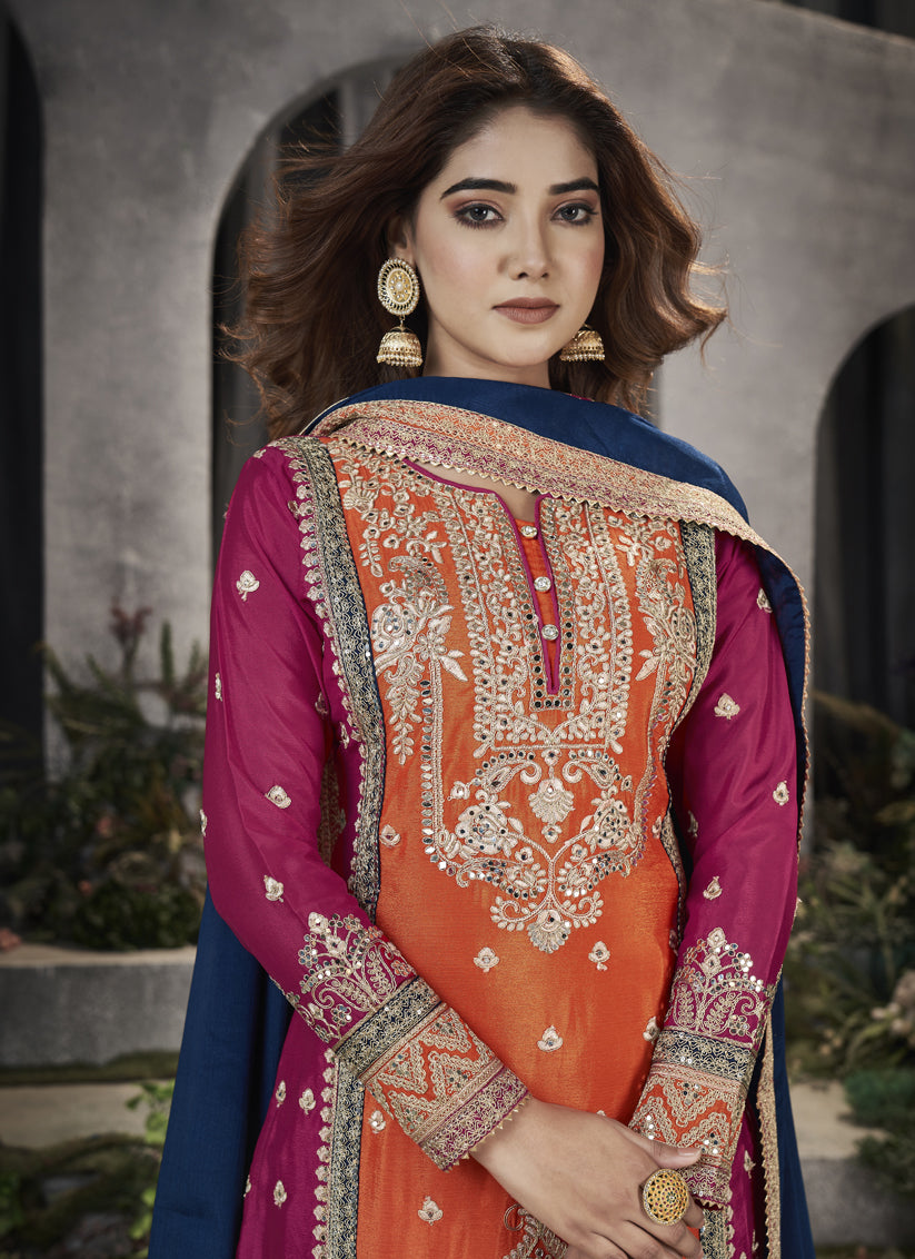 Orange Premium Chinnon Embroidered Palazzo Suit