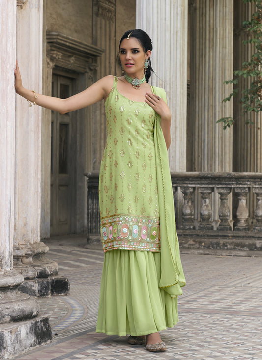 Pistachio Green Faux Georgette Embroidered Designer Sarara Kameez