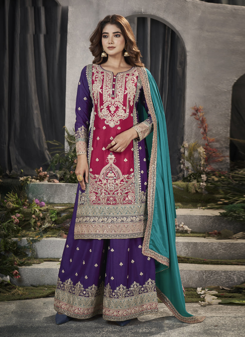 Magenta Premium Chinnon Embroidered Pakistani Suit