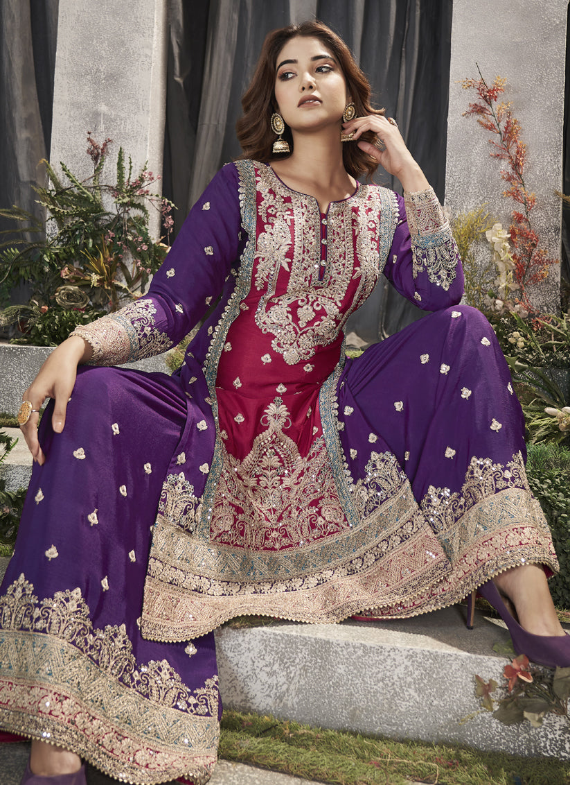 Magenta Premium Chinnon Embroidered Pakistani Suit