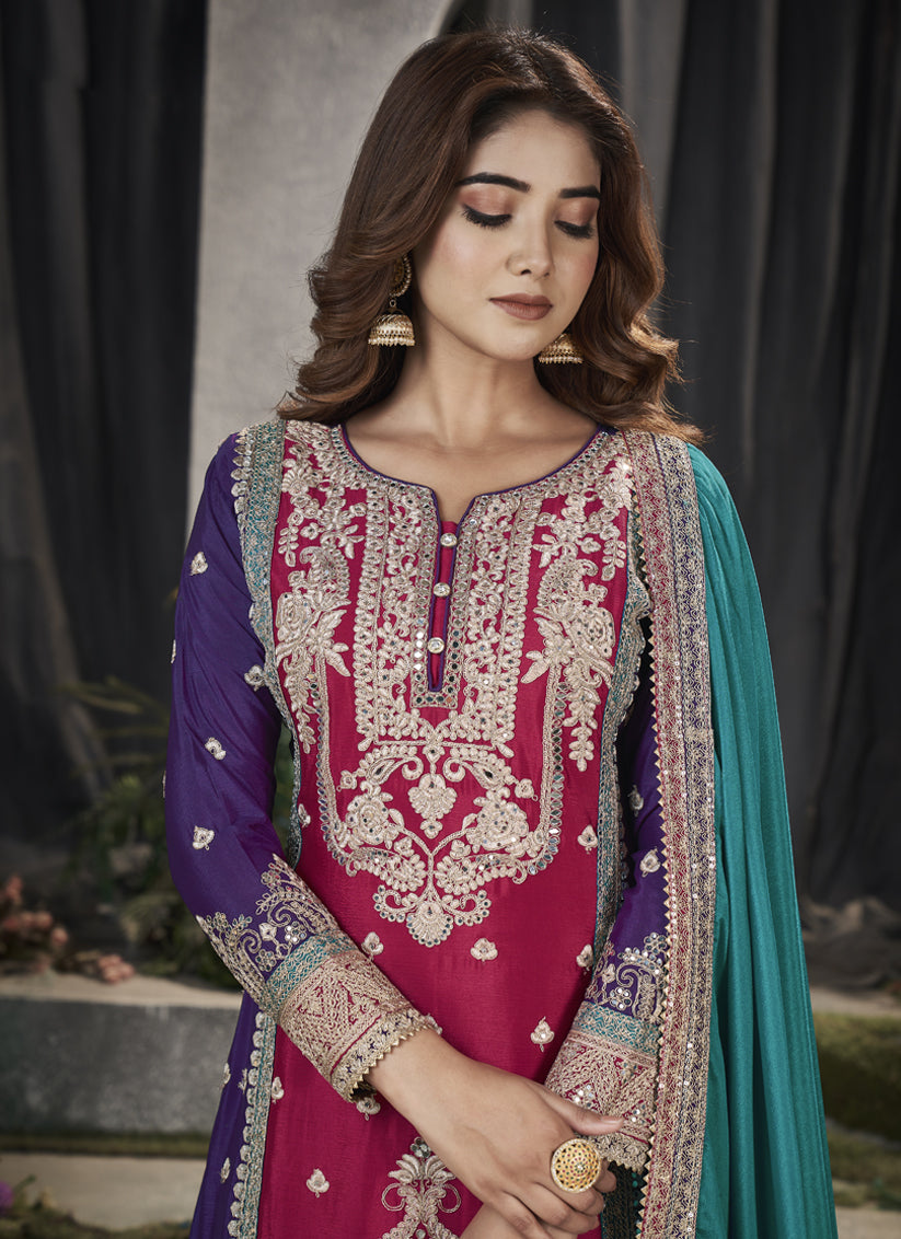 Magenta Premium Chinnon Embroidered Pakistani Suit