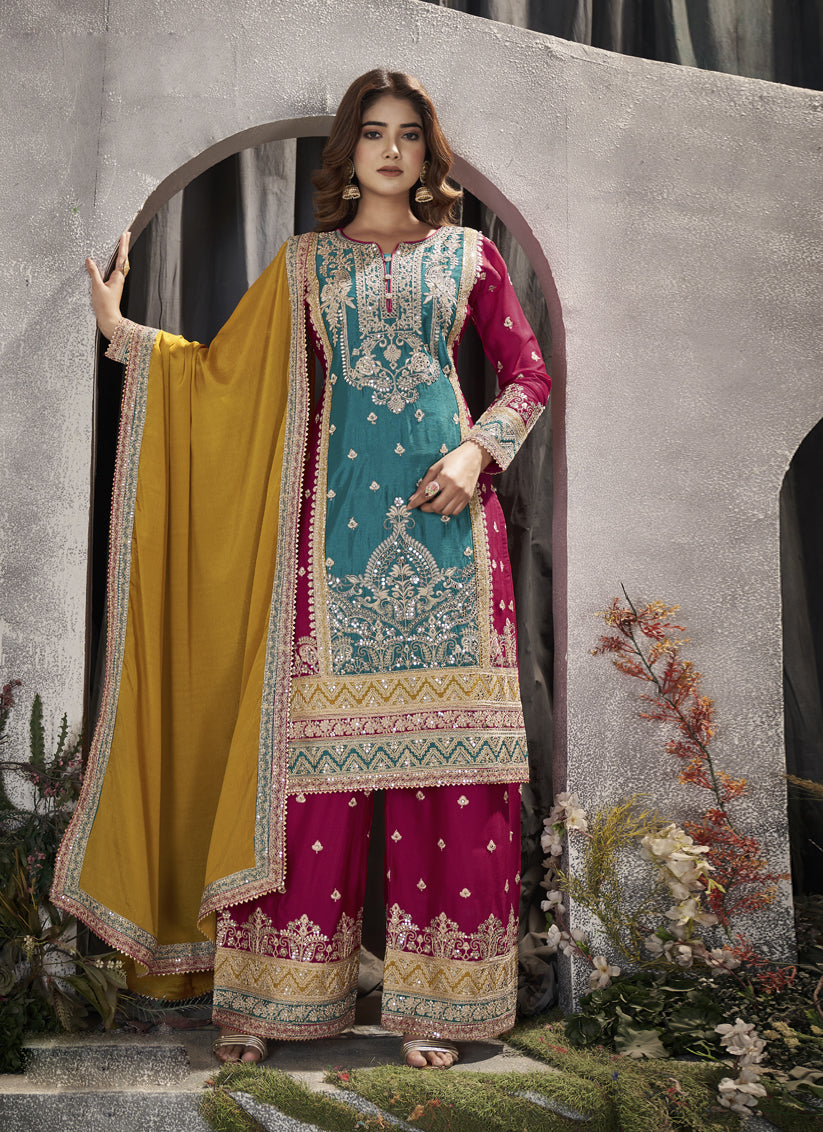 Teal Blue Premium Chinnon Embroidered Pakistani Palazzo Suit