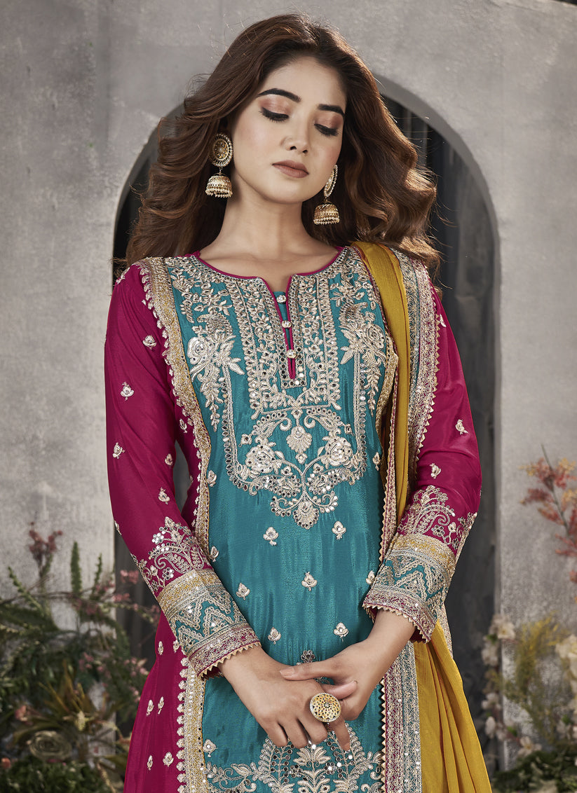 Teal Blue Premium Chinnon Embroidered Pakistani Palazzo Suit