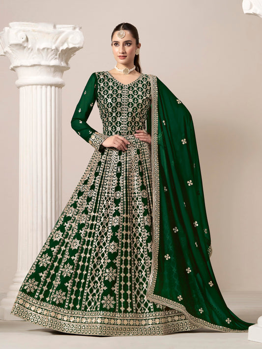Forest Green Faux Georgette Embroidered  Anarkali Suit