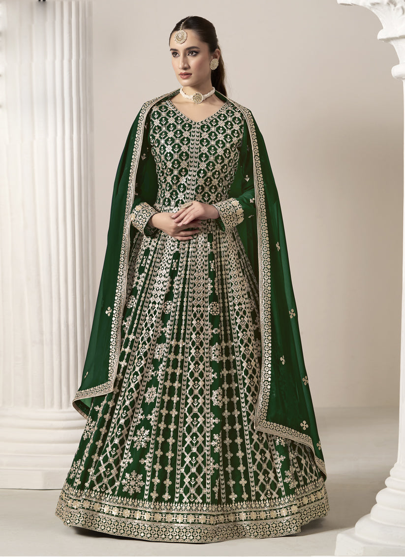 Forest Green Faux Georgette Embroidered  Anarkali Suit
