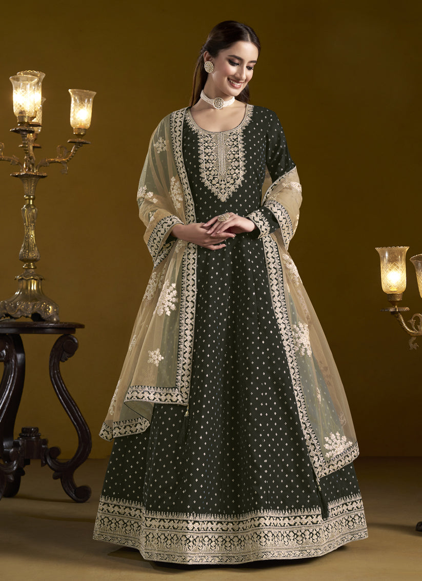 Black Chanderi Butti Embroidered Anarkali Suit