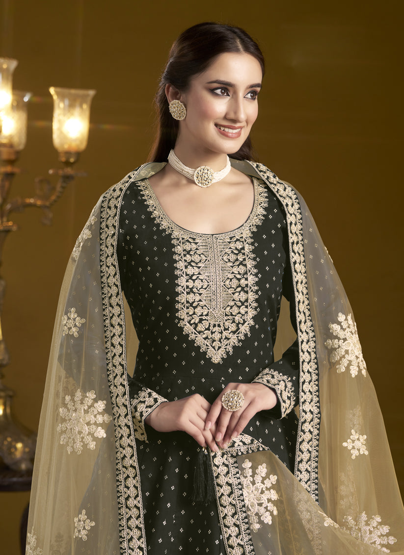 Black Chanderi Butti Embroidered Anarkali Suit